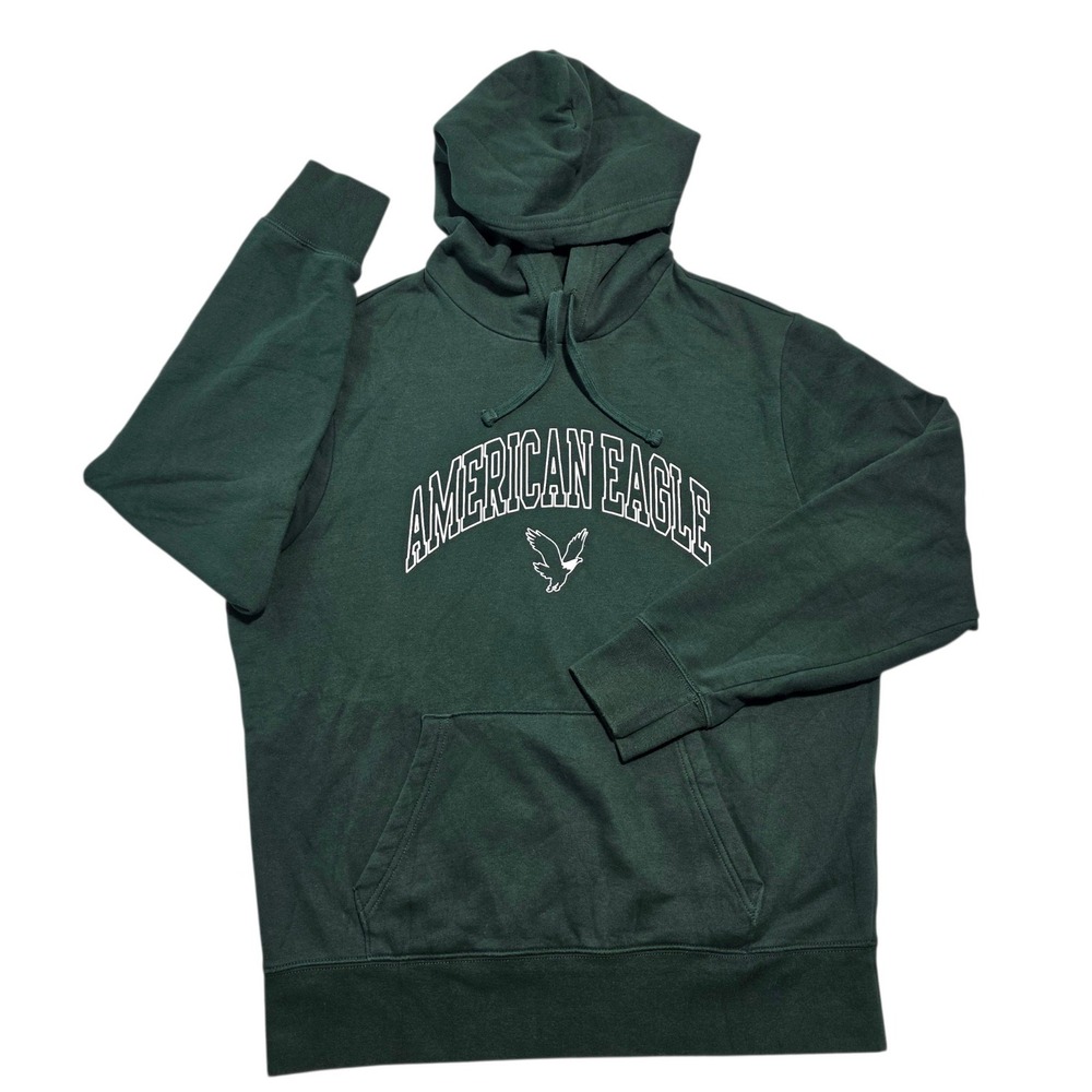 American Eagle Logo Graphic Fleece Pullover Hoodie Green Large Mens Sweatshirt